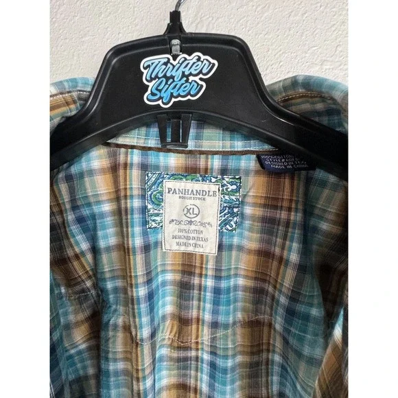 Panhandle Rough Stock XL Blue/Brown Plaid With Paisley Cuff Pearl Snap Shirt - Picture 5 of 8